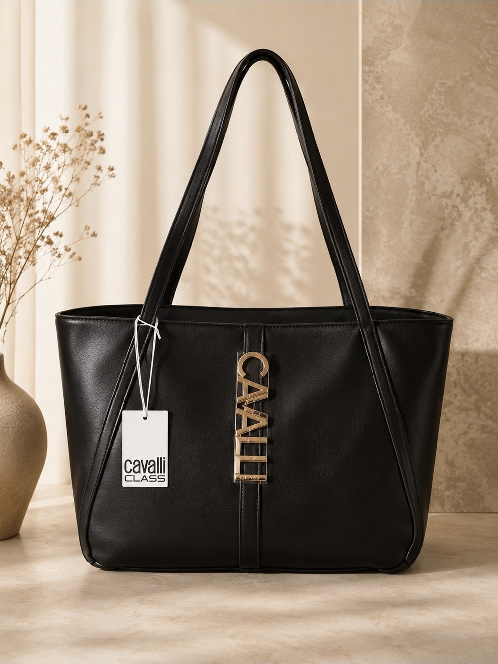 Cavalli Class Black Large Tote Bag Gold Logo Shoulder Purse Designer Handbag
